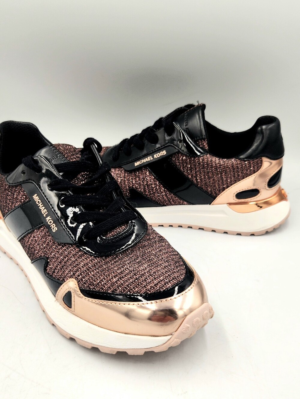 Michael Kors Monroe Glitter Chain Mesh Trainer Sneaker Womens 8 Rose Pink Black